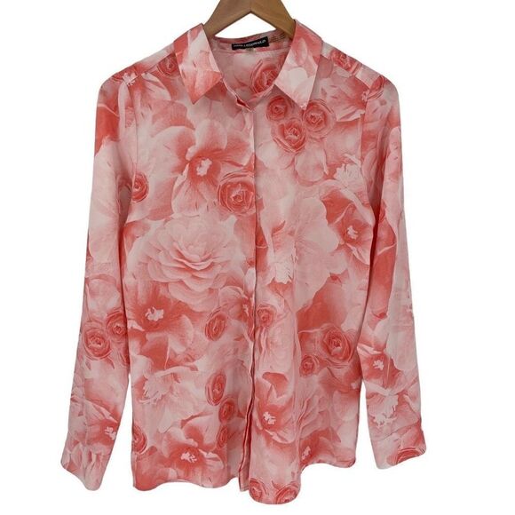 Karl Lagerfeld Paris Button Up Long Roll Tab Sleeve Top Floral Pink Women Small - Picture 1 of 5